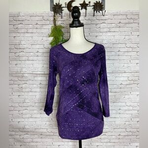 Vintage 90’s Whimsigoth Putple Sequin Stretch 3/4 Sleeve Tee